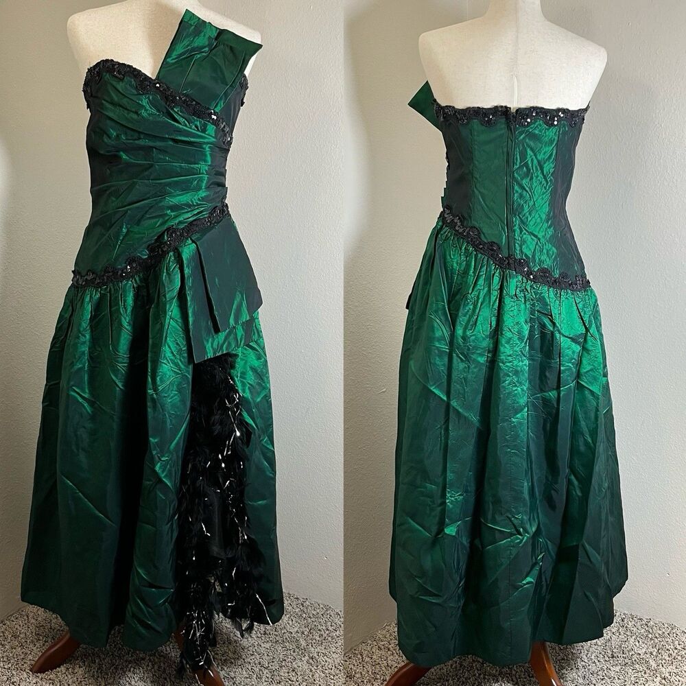 80s Scott McClintock Strapless Green Metallic Sequined Evening Gown Dress 10 USA